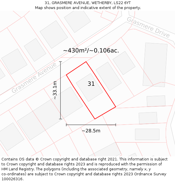 31, GRASMERE AVENUE, WETHERBY, LS22 6YT: Plot and title map