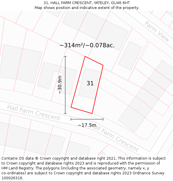 31, HALL FARM CRESCENT, YATELEY, GU46 6HT: Plot and title map