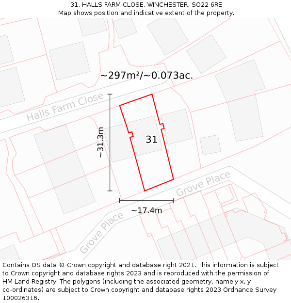 31, HALLS FARM CLOSE, WINCHESTER, SO22 6RE: Plot and title map