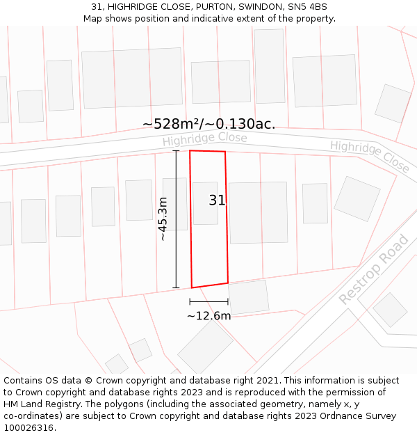 31, HIGHRIDGE CLOSE, PURTON, SWINDON, SN5 4BS: Plot and title map