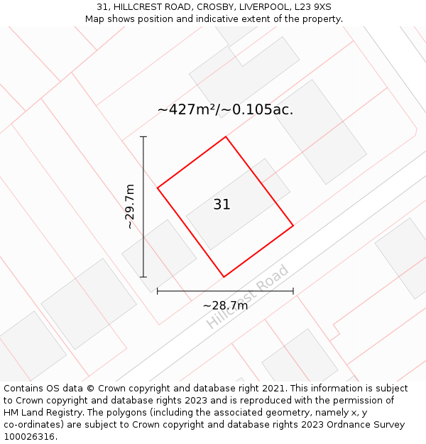 31, HILLCREST ROAD, CROSBY, LIVERPOOL, L23 9XS: Plot and title map