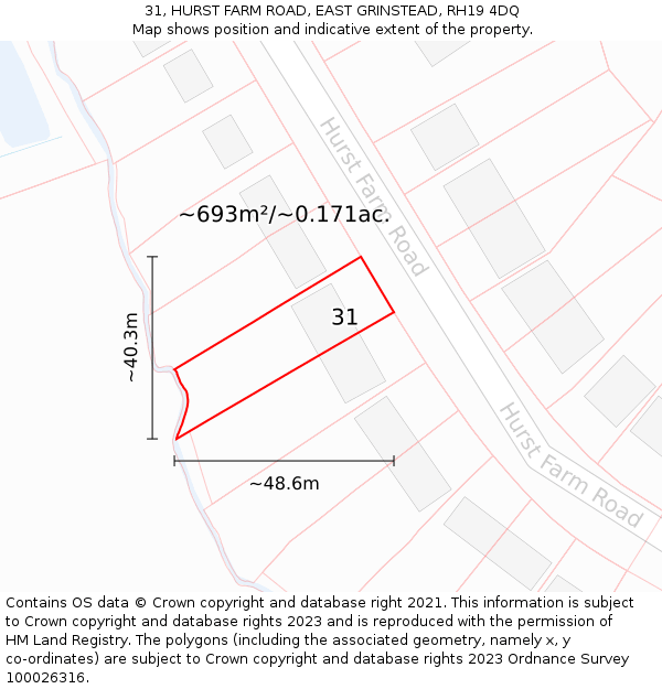 31, HURST FARM ROAD, EAST GRINSTEAD, RH19 4DQ: Plot and title map