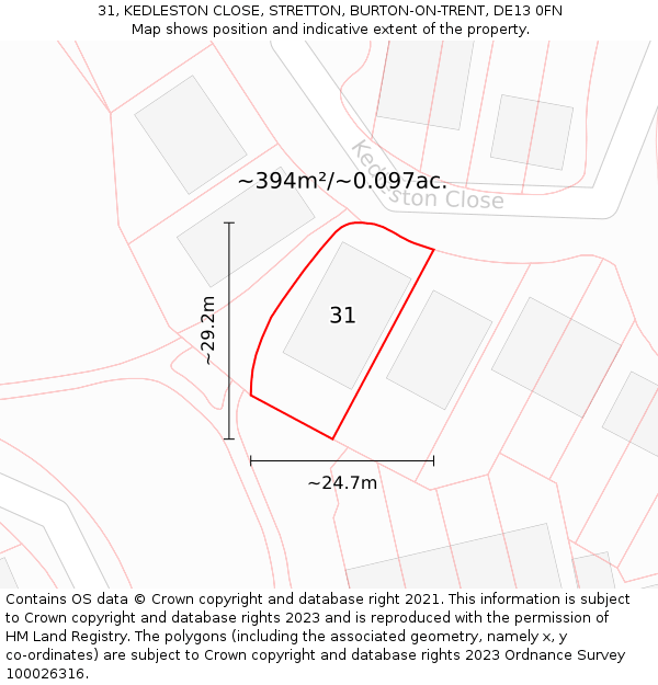 31, KEDLESTON CLOSE, STRETTON, BURTON-ON-TRENT, DE13 0FN: Plot and title map