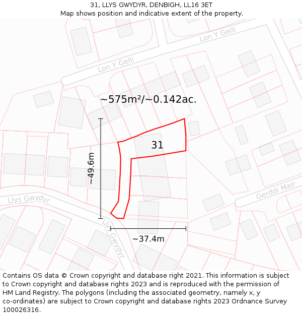 31, LLYS GWYDYR, DENBIGH, LL16 3ET: Plot and title map