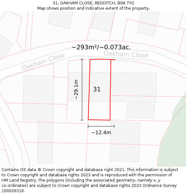 31, OAKHAM CLOSE, REDDITCH, B98 7YG: Plot and title map