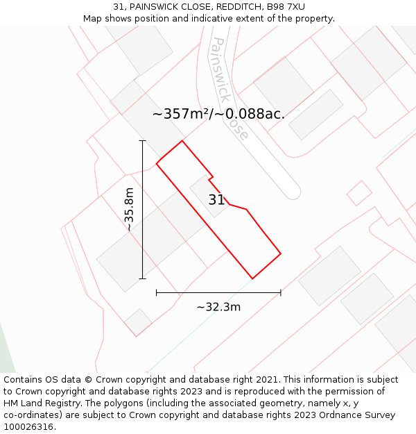 31, PAINSWICK CLOSE, REDDITCH, B98 7XU: Plot and title map