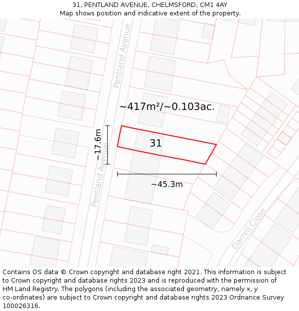 31, PENTLAND AVENUE, CHELMSFORD, CM1 4AY: Plot and title map