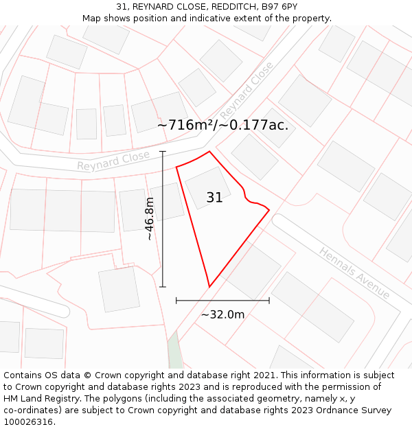 31, REYNARD CLOSE, REDDITCH, B97 6PY: Plot and title map