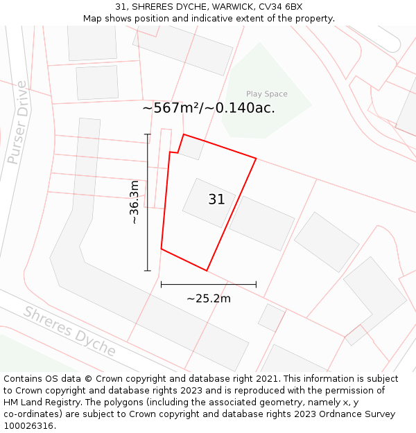 31, SHRERES DYCHE, WARWICK, CV34 6BX: Plot and title map