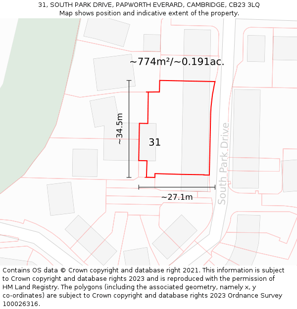 31, SOUTH PARK DRIVE, PAPWORTH EVERARD, CAMBRIDGE, CB23 3LQ: Plot and title map