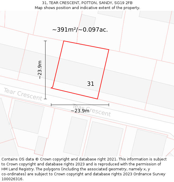 31, TEAR CRESCENT, POTTON, SANDY, SG19 2FB: Plot and title map