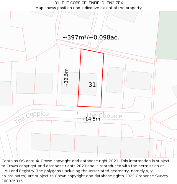 31, THE COPPICE, ENFIELD, EN2 7BX: Plot and title map