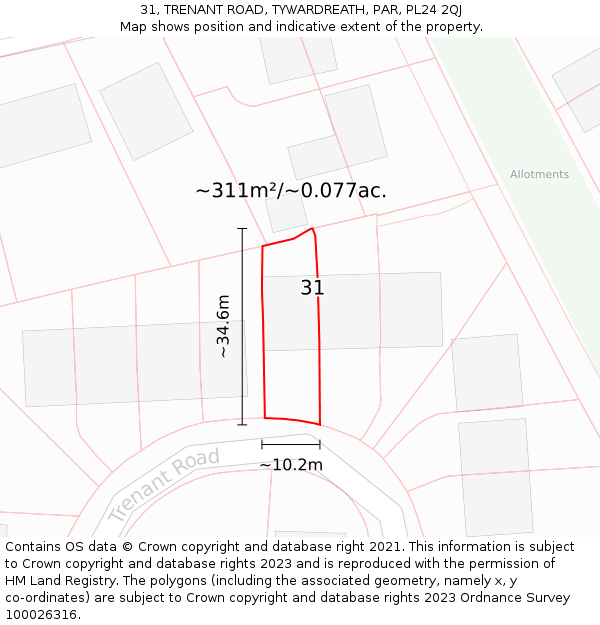 31, TRENANT ROAD, TYWARDREATH, PAR, PL24 2QJ: Plot and title map