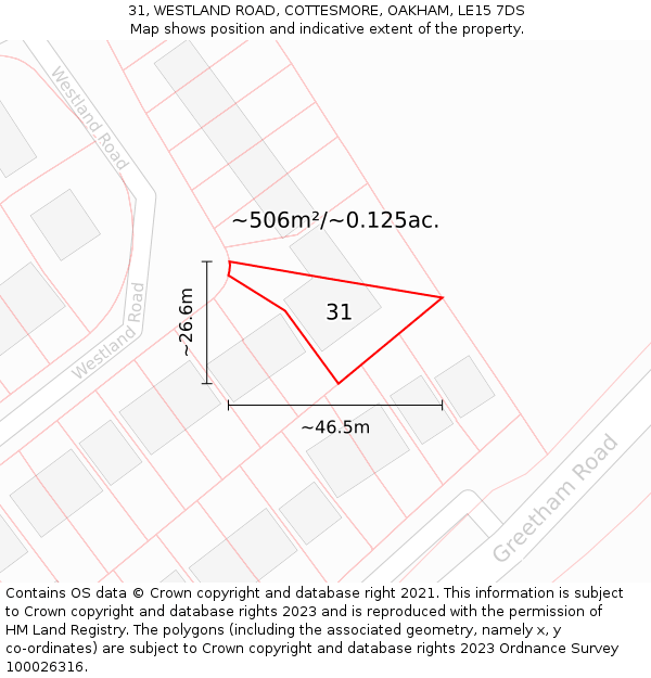 31, WESTLAND ROAD, COTTESMORE, OAKHAM, LE15 7DS: Plot and title map