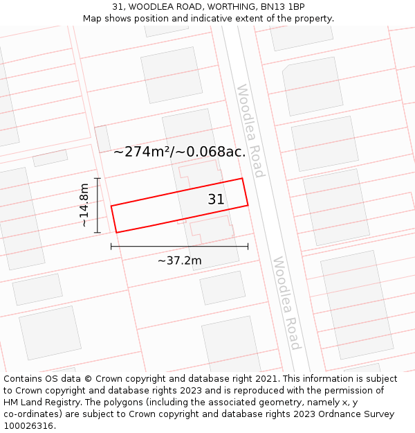 31, WOODLEA ROAD, WORTHING, BN13 1BP: Plot and title map