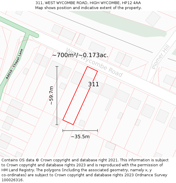 311, WEST WYCOMBE ROAD, HIGH WYCOMBE, HP12 4AA: Plot and title map