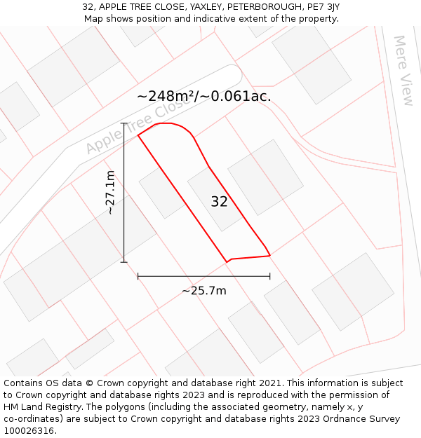 32, APPLE TREE CLOSE, YAXLEY, PETERBOROUGH, PE7 3JY: Plot and title map