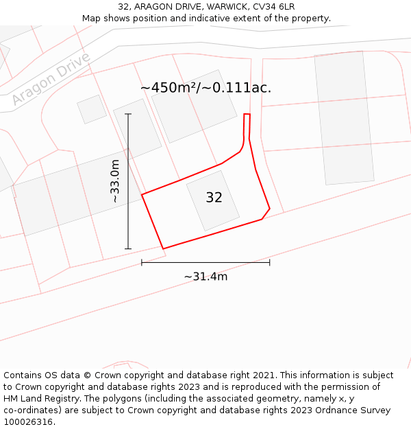 32, ARAGON DRIVE, WARWICK, CV34 6LR: Plot and title map