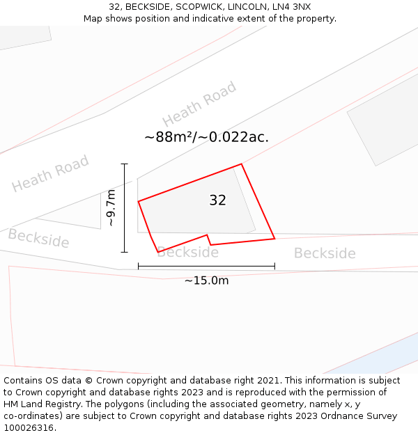 32, BECKSIDE, SCOPWICK, LINCOLN, LN4 3NX: Plot and title map