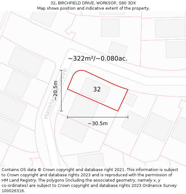 32, BIRCHFIELD DRIVE, WORKSOP, S80 3DX: Plot and title map