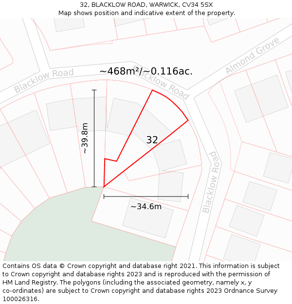 32, BLACKLOW ROAD, WARWICK, CV34 5SX: Plot and title map