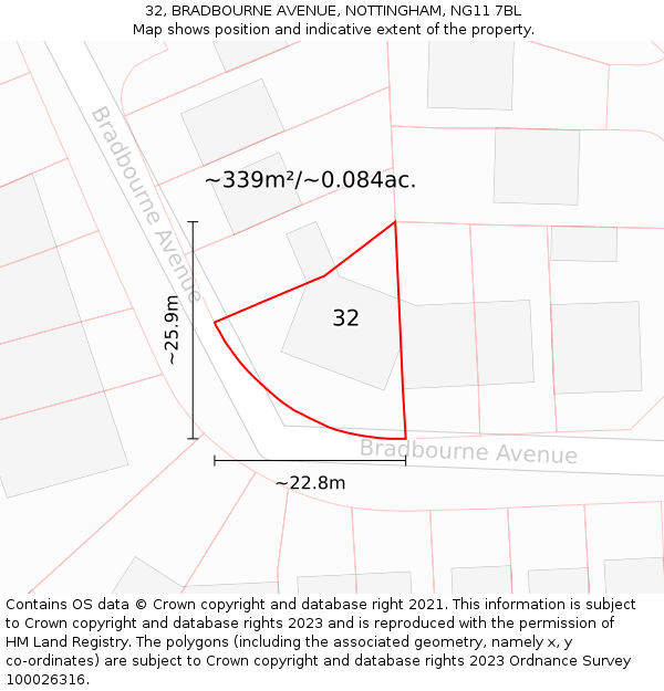 32, BRADBOURNE AVENUE, NOTTINGHAM, NG11 7BL: Plot and title map