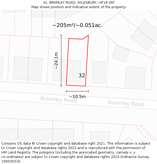 32, BRAMLEY ROAD, AYLESBURY, HP18 0XF: Plot and title map