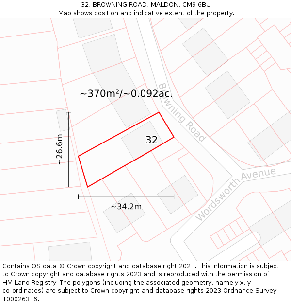 32, BROWNING ROAD, MALDON, CM9 6BU: Plot and title map