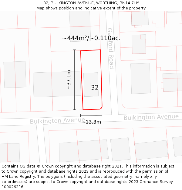 32, BULKINGTON AVENUE, WORTHING, BN14 7HY: Plot and title map