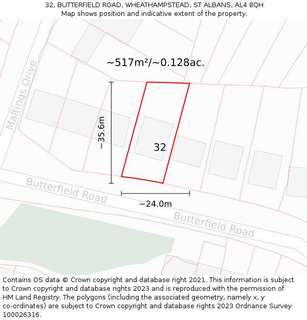 32, BUTTERFIELD ROAD, WHEATHAMPSTEAD, ST ALBANS, AL4 8QH: Plot and title map