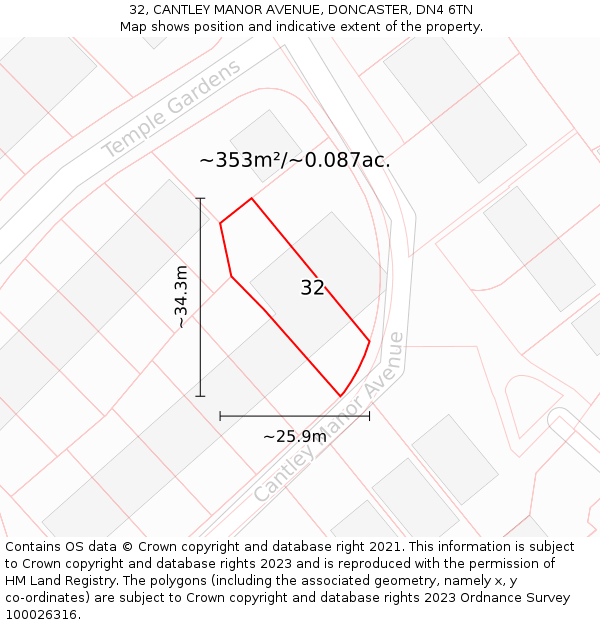 32, CANTLEY MANOR AVENUE, DONCASTER, DN4 6TN: Plot and title map