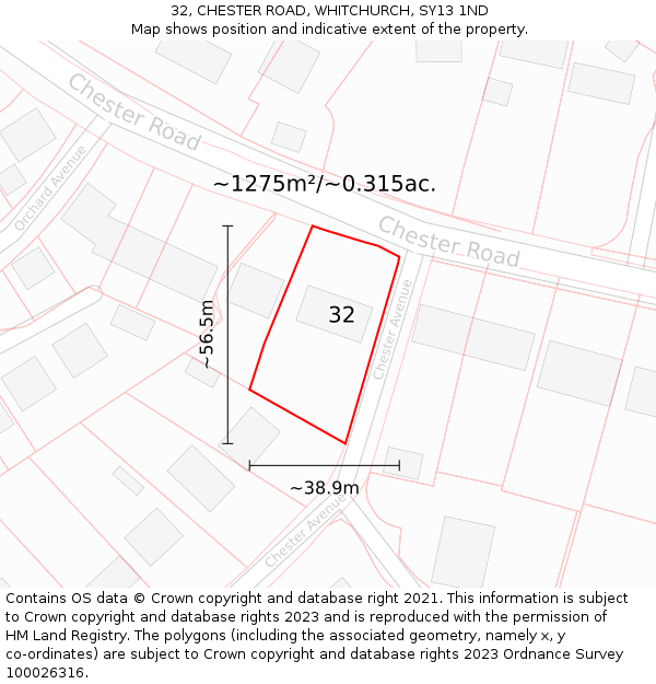 32, CHESTER ROAD, WHITCHURCH, SY13 1ND: Plot and title map