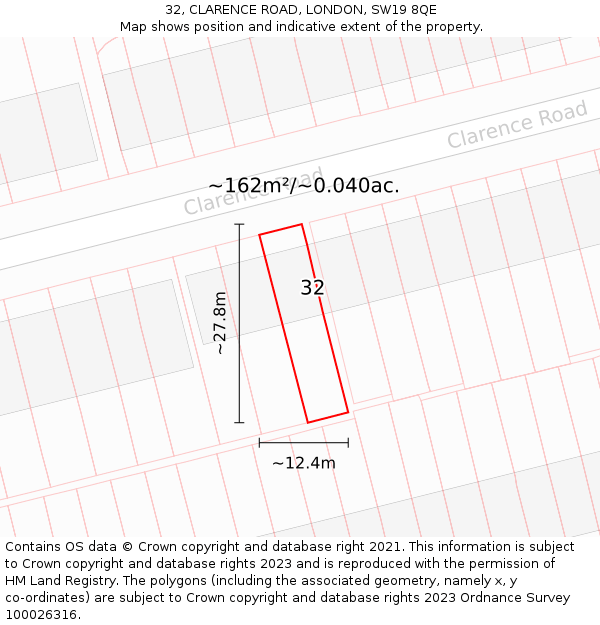 32, CLARENCE ROAD, LONDON, SW19 8QE: Plot and title map