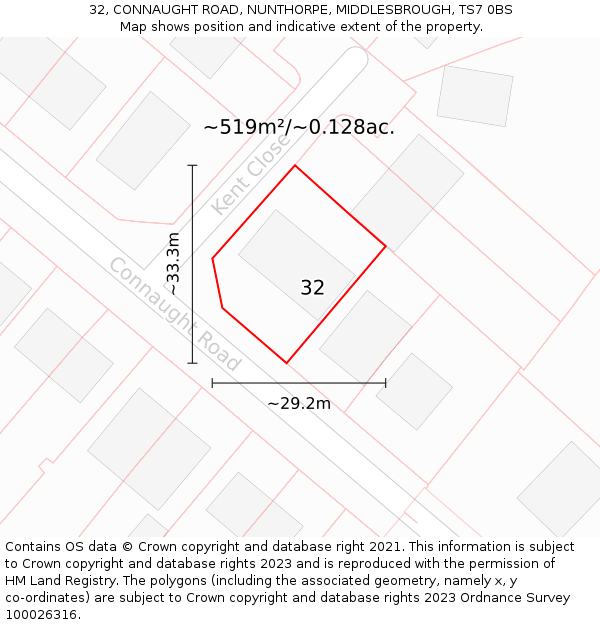 32, CONNAUGHT ROAD, NUNTHORPE, MIDDLESBROUGH, TS7 0BS: Plot and title map