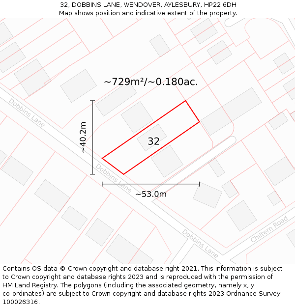 32, DOBBINS LANE, WENDOVER, AYLESBURY, HP22 6DH: Plot and title map