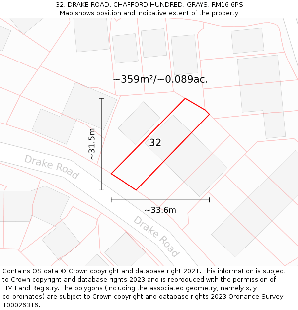 32, DRAKE ROAD, CHAFFORD HUNDRED, GRAYS, RM16 6PS: Plot and title map