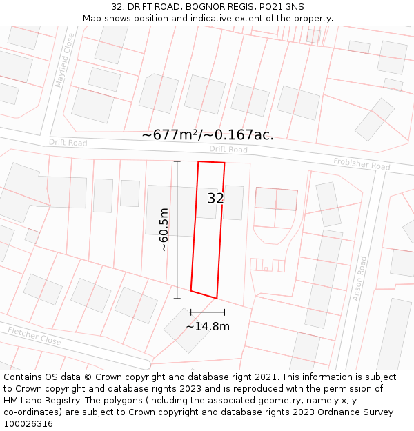 32, DRIFT ROAD, BOGNOR REGIS, PO21 3NS: Plot and title map