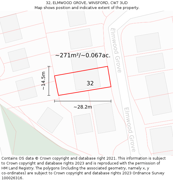 32, ELMWOOD GROVE, WINSFORD, CW7 3UD: Plot and title map