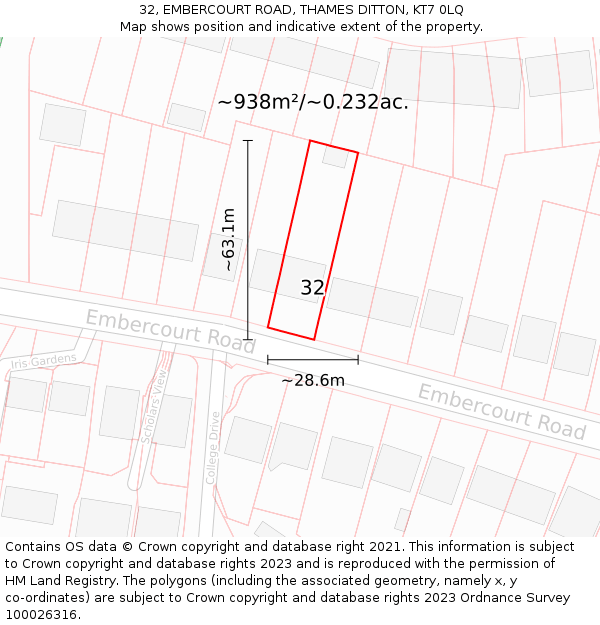 32, EMBERCOURT ROAD, THAMES DITTON, KT7 0LQ: Plot and title map