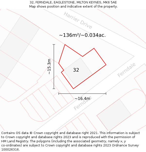 32, FERNDALE, EAGLESTONE, MILTON KEYNES, MK6 5AE: Plot and title map