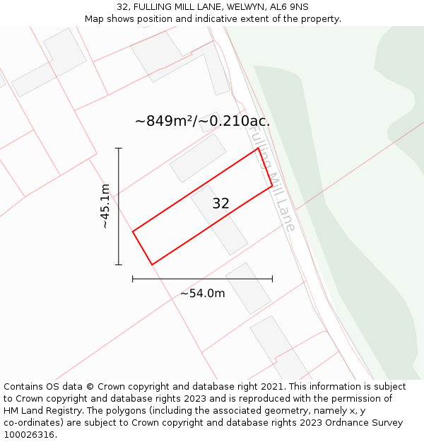 32, FULLING MILL LANE, WELWYN, AL6 9NS: Plot and title map