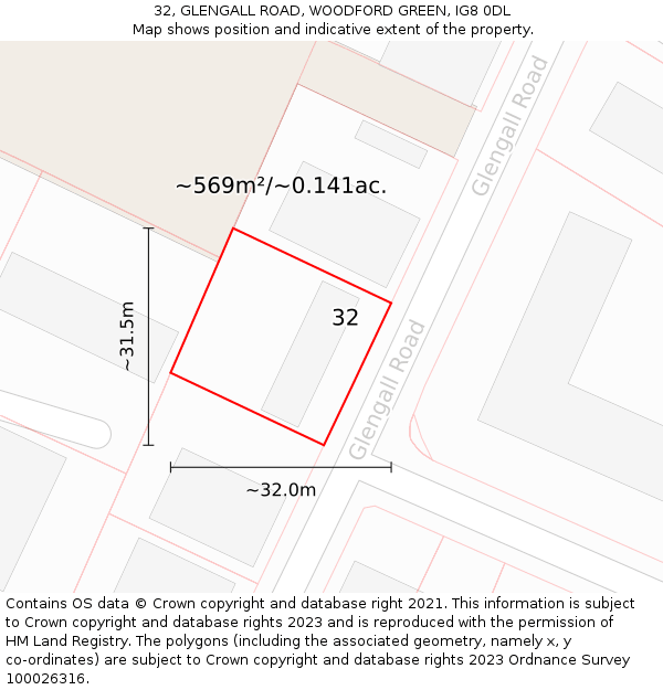 32, GLENGALL ROAD, WOODFORD GREEN, IG8 0DL: Plot and title map