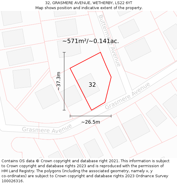 32, GRASMERE AVENUE, WETHERBY, LS22 6YT: Plot and title map
