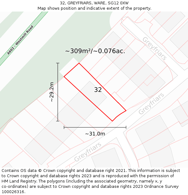 32, GREYFRIARS, WARE, SG12 0XW: Plot and title map