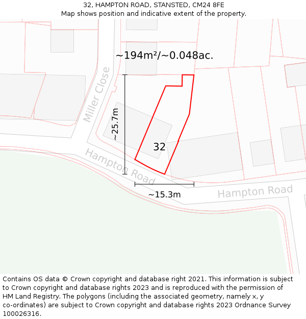 32, HAMPTON ROAD, STANSTED, CM24 8FE: Plot and title map