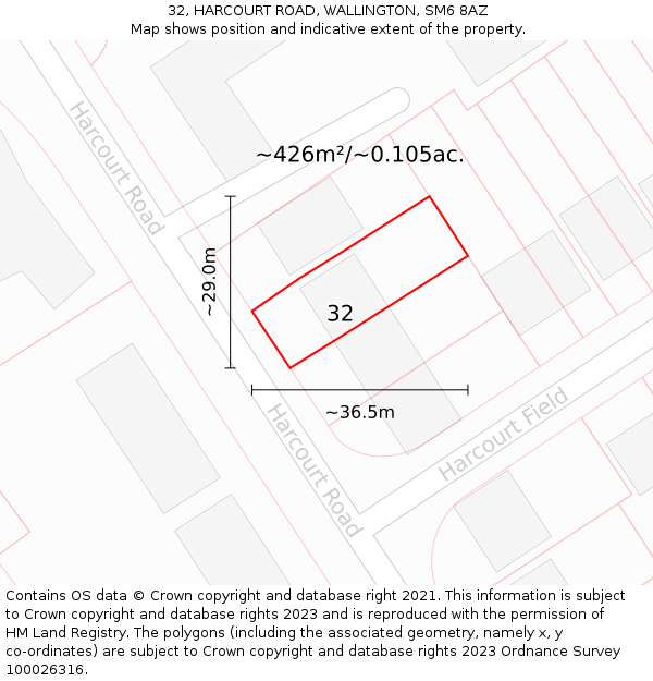 32, HARCOURT ROAD, WALLINGTON, SM6 8AZ: Plot and title map