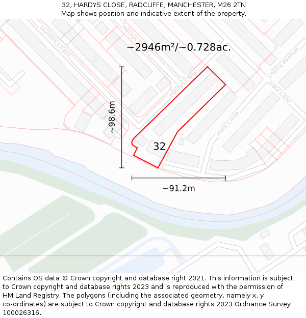 32, HARDYS CLOSE, RADCLIFFE, MANCHESTER, M26 2TN: Plot and title map