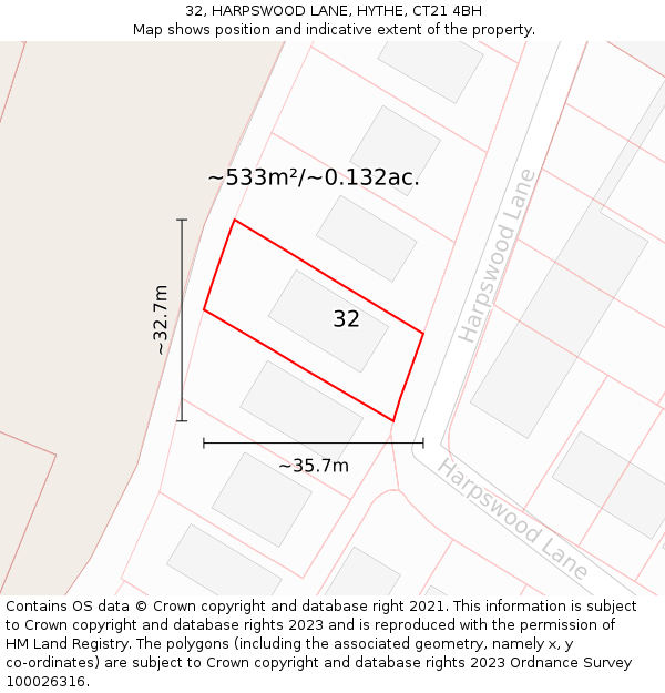 32, HARPSWOOD LANE, HYTHE, CT21 4BH: Plot and title map