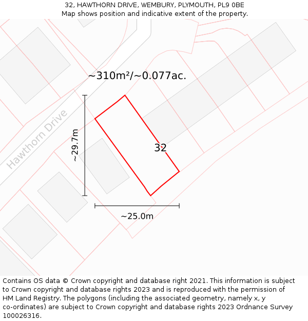 32, HAWTHORN DRIVE, WEMBURY, PLYMOUTH, PL9 0BE: Plot and title map