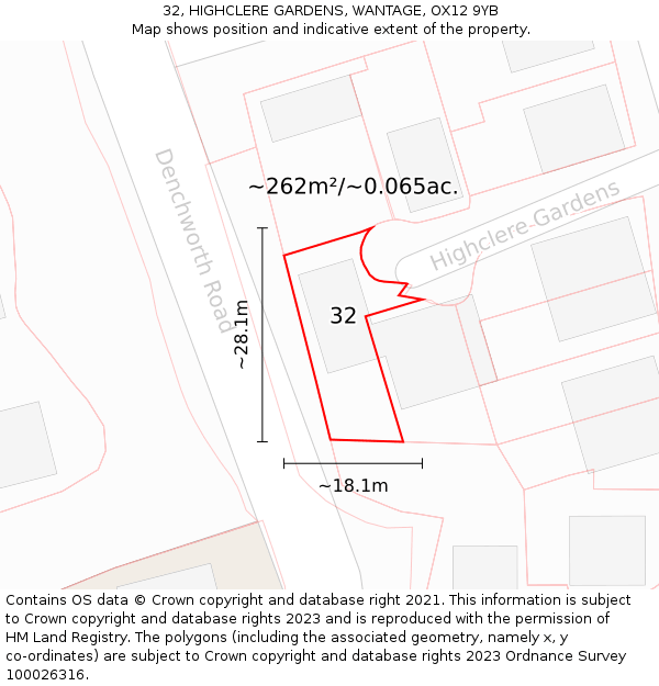 32, HIGHCLERE GARDENS, WANTAGE, OX12 9YB: Plot and title map